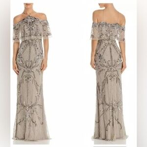 Aiddan Mattox Beaded off the shoulder silver gown